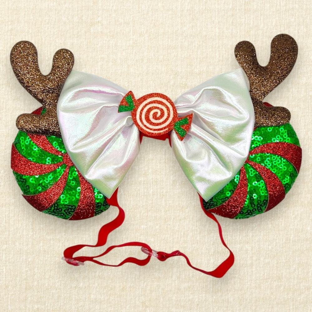 Elastic Peppermint Reindeer Minnie Ears | Disney-Inspired Christmas Mouse Ears
